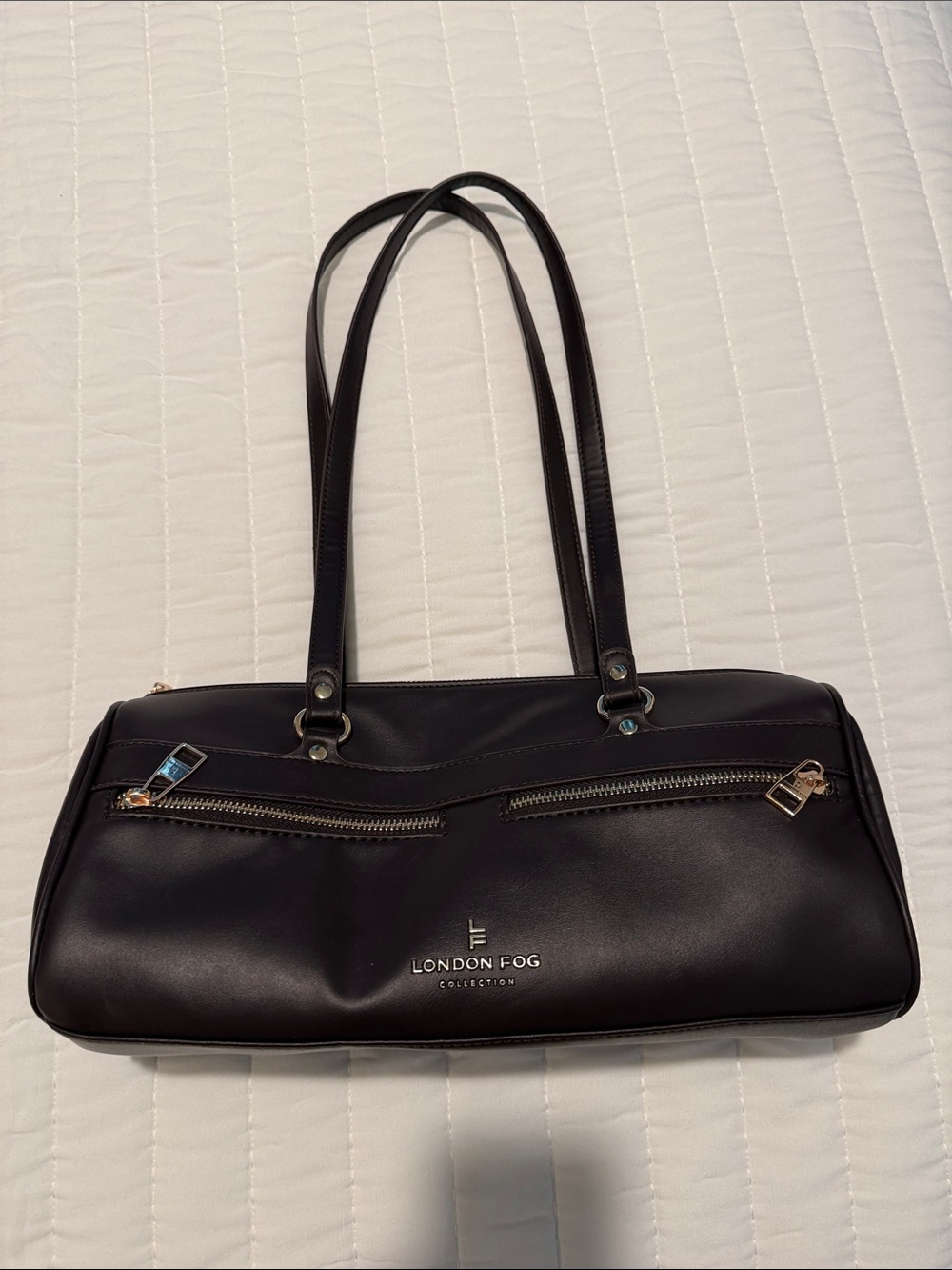 London Fog Dark Brown Leather Barrel Shoulder Bag with Gold Hardware
